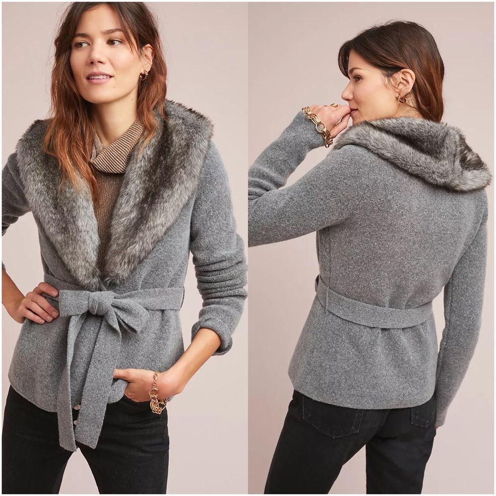 Anthropologie Gray Faux Fur Collar Pea Coat